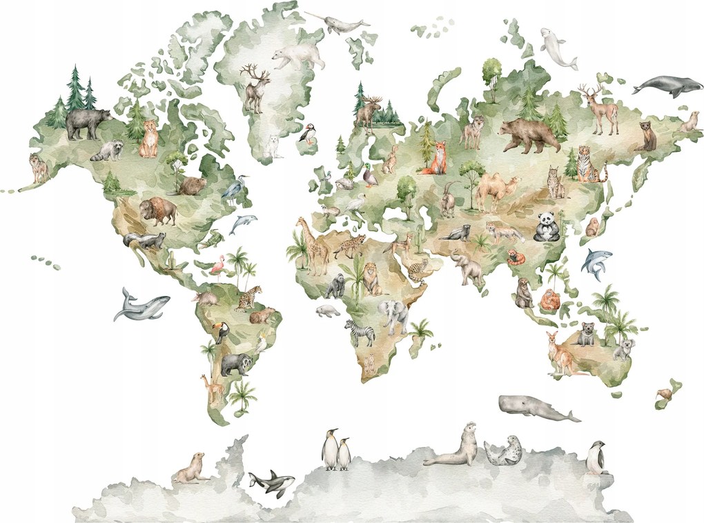 Tapéta A világ állatai Térkép Kontinensek a gyerekszobába 400x280 +ragasztó