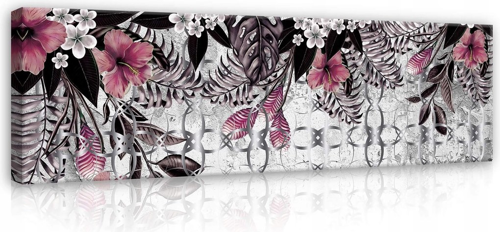 Vászonkép 145x45 Trópusok virágok levelek minta rózsaszín bordó természet művészet