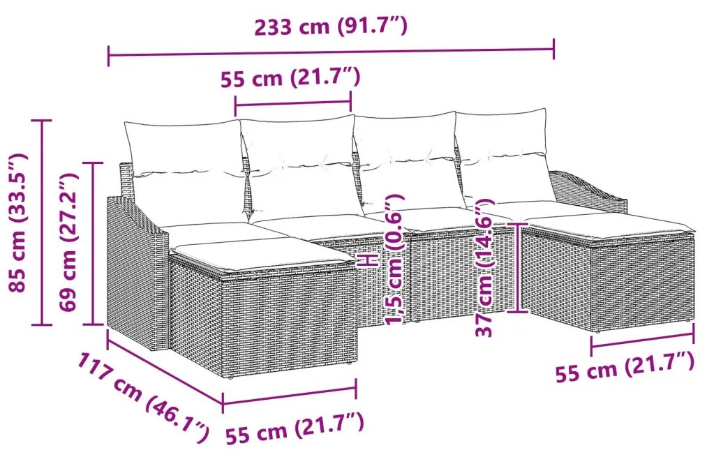 6 részes Kert Kanapé Készlet Párnákkal Barna Poli Rattan