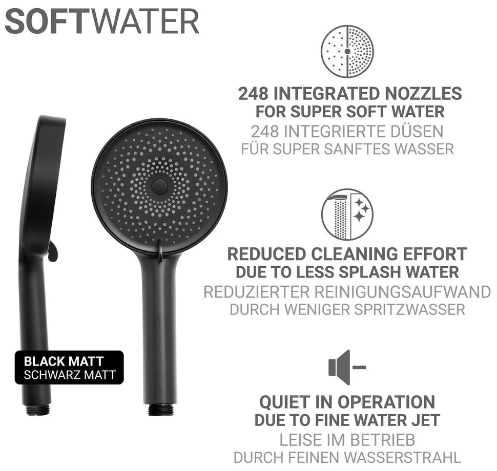 Matt fekete műanyag zuhanyfej ø 12 cm Softwater – Wenko