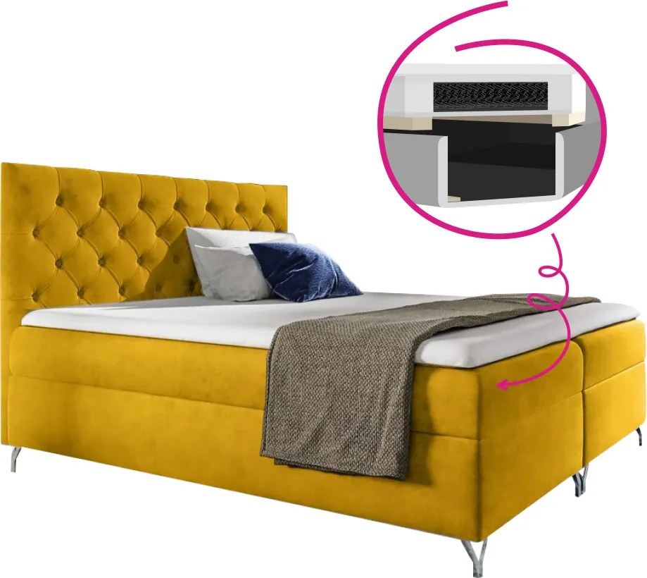 Boxspring ágy, 160x200, sárga Velvet szövet, GULIETTE + ajándék