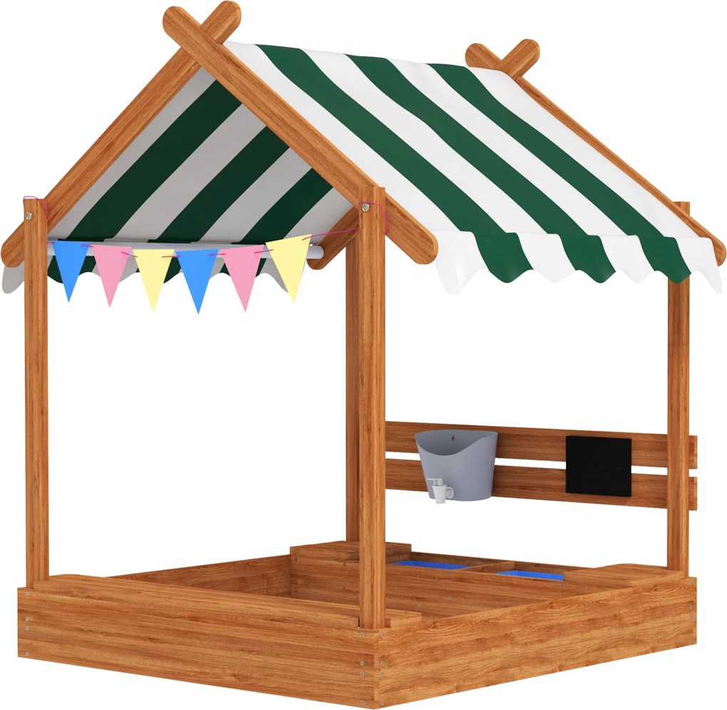 Outsunny Homokozó Tetővel, Fa Homokozó Ülőhellyel, Játék Móka Ház, 124 x 116 x 146 cm Homokozó Krétatáblával 3-7 Éves Gyerekeknek, Kert, Zöld | Aosom