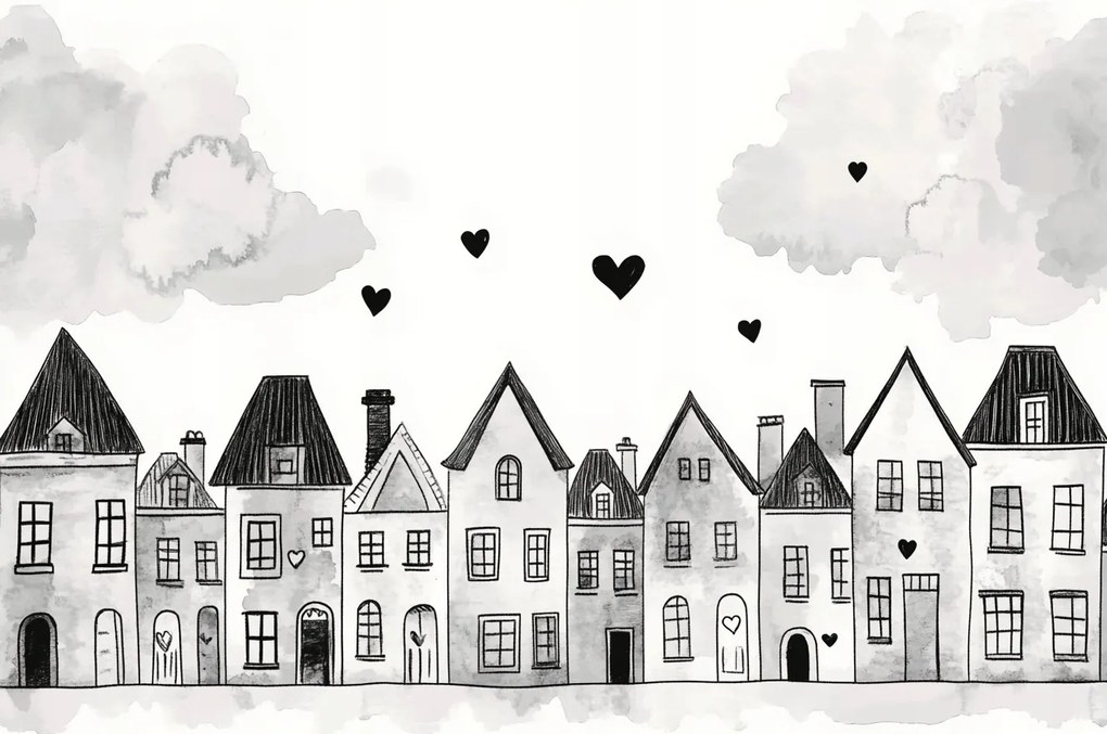 Fotótapéta Flizelina Gyerekek Város Utca Házikók Szívecskék B&amp;w 254x184 ragasztó