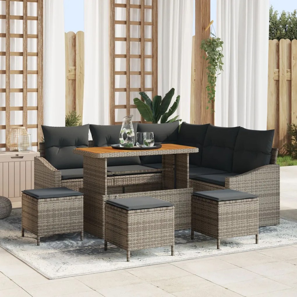 8 darabos kerti kanapé szett párnákkal szürke poli rattan akáciával, 2 fős kerti kanapé párnákkal szürke poli rattan, 3 darabos kerti étkező szett párnákkal szürke poli rattan akáciával