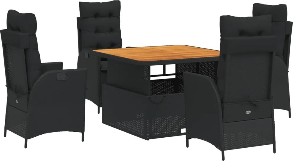 vidaXL 5 részes fekete polyrattan kerti étkezőgarnitúra párnákkal