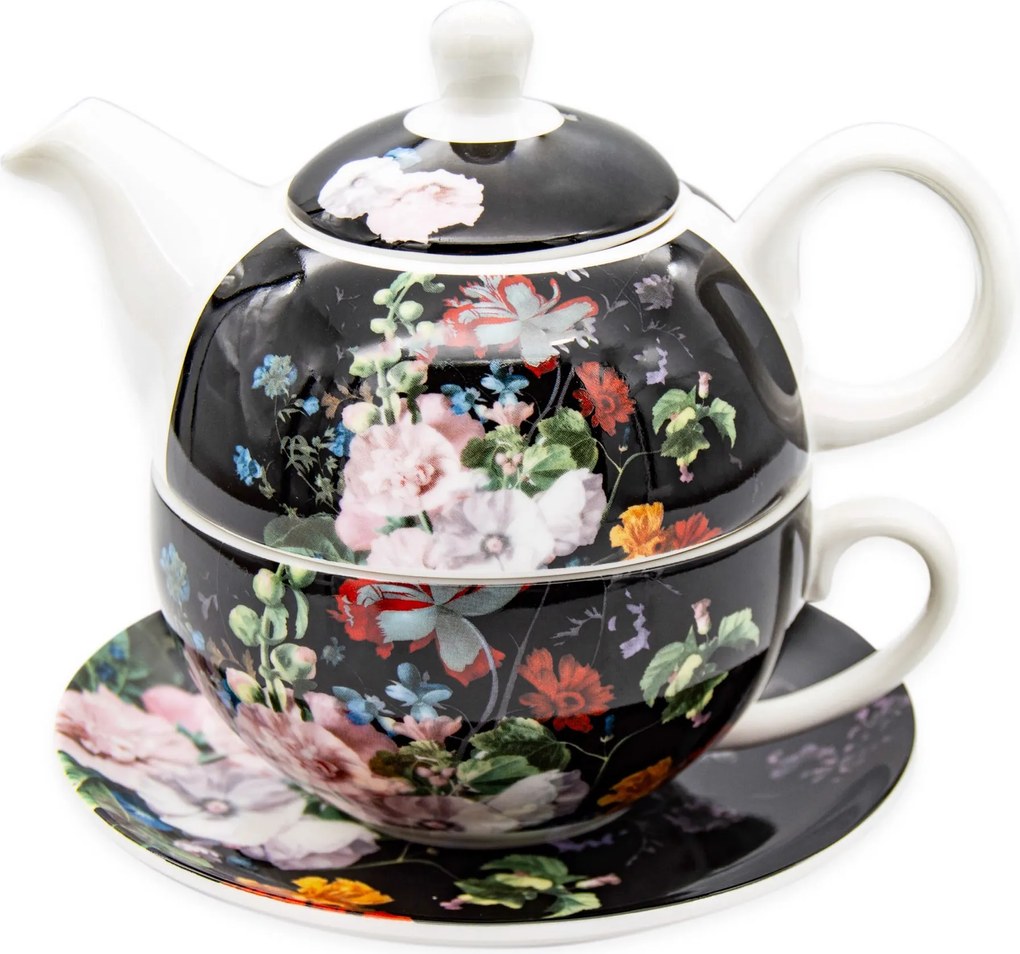 450 Ml-es Teáskanna Teáscsésze Fekete Virágos Szett Tragar Csésze