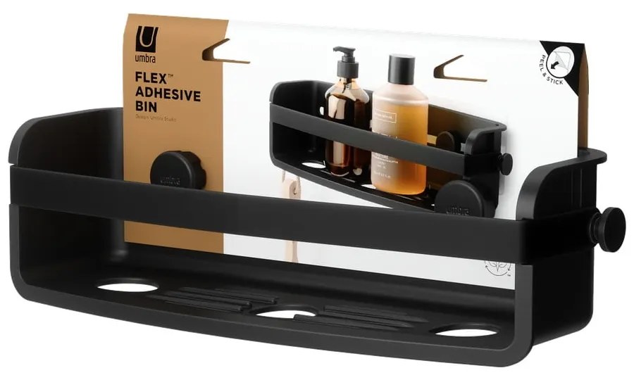 Fekete öntapadós műanyag fürdőszobai polc Flex Adhesive – Umbra