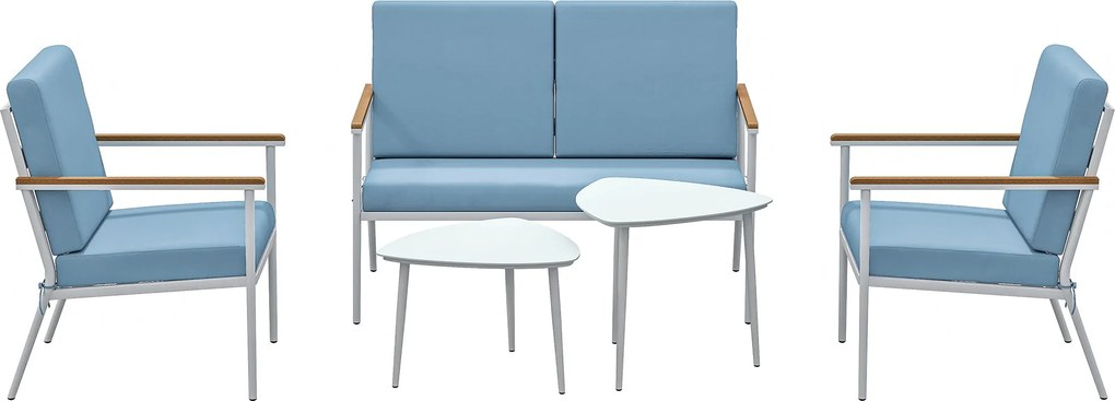 Outsunny Kültéri Kerti Bútor 4 Fős Szett, 5 Részes Balkon Lounge Szett Kanapéval, 2 Karosszékkel és 2 Edzett Üveg Kávézóasztallal, Párnák Tartoznak, T