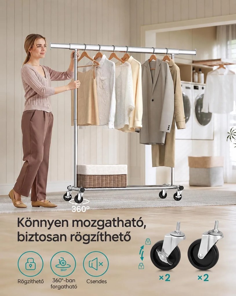 Nagy teherbírású gurulós ruhatartó, kihúzható 92–132 cm-es ruharúddal, fékezhető görgőkkel, max. 90 kg, ezüst