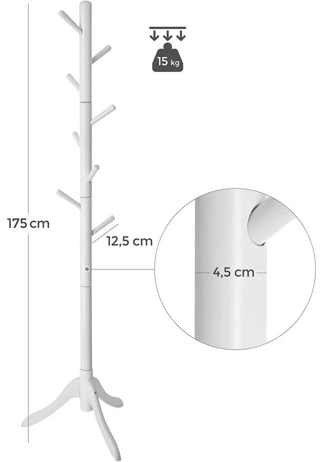 Ruhafogas, fa kabátállvány 8 akasztóval, fehér