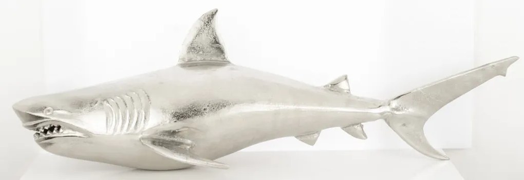Loyd design ezüstszín falra rögzíthető fém balra úszó cápa faldekoráció 33x103x27cm