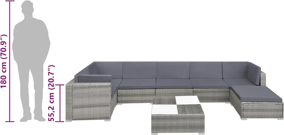 8-részes szürke polyrattan kerti bútorszett párnákkal