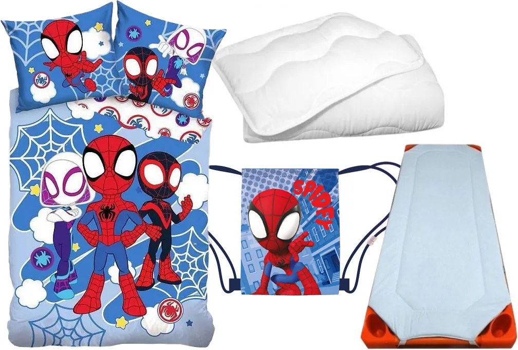 Pókember Spidey Light gyerek, ovis ágyneműhuzat, derékalj, tornazsák és paplan/párna szett 100x135 cm 40x60 cm