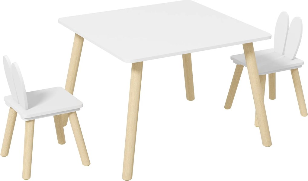 AIYAPLAY Gyermek Asztal és 2 Szék Szett - Gyerek Asztal Nyúlfüles Háttámlával - Fehér | Aosom