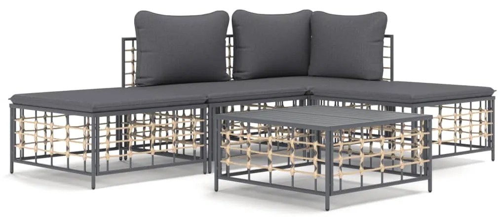 5 részes antracitszürke polyrattan kerti ülőgarnitúra párnákkal