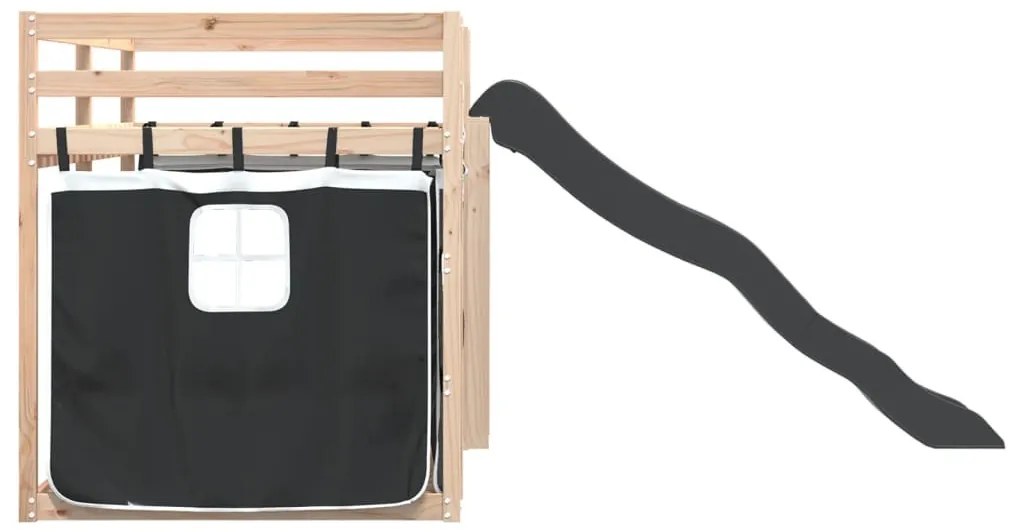 fehér-fekete emeletes ágy csúszdával és függönnyel 90 x 200 cm