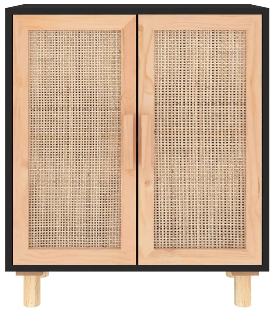 fekete tömör fenyő/természetes rattan tálalószekrény 60x30x70cm
