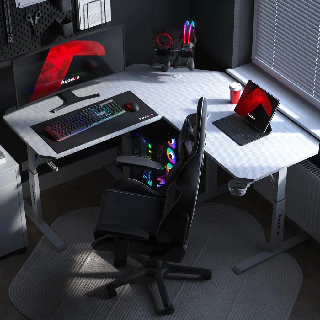 Sarok gamer asztal állítható magasság 140 x 140 x 79 cm fehér