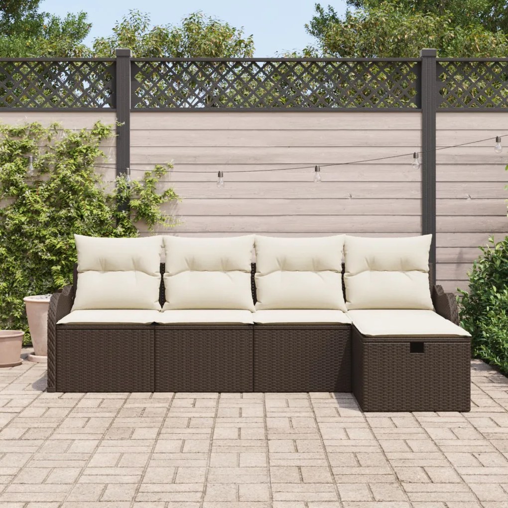 5 darabos kerti sofa garnitúra párnákkal, barna poli rattan, 2 fős kerti sofa tárolóval és párnákkal, barna poli rattan