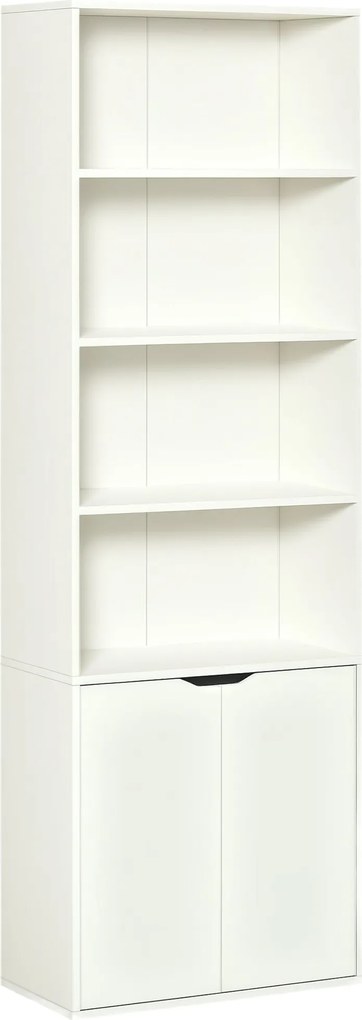HOMCOM 4 Nyitott Polccal és 2 Ajtóval Rendelkező Könyvespolc Nappaliba, Irodába, Tanulószobába 80 kg Teherbírás, 59x29x180 cm, Fehér | Aosom