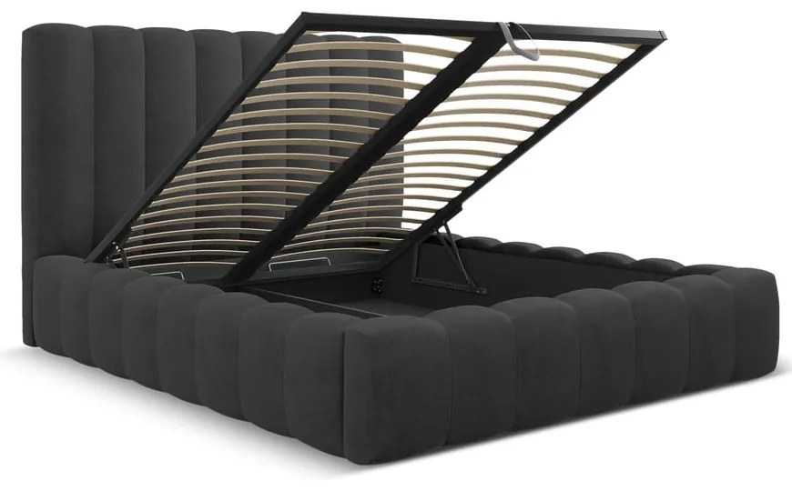 Antracitszürke kárpitozott ágyneműtartós franciaágy ágyráccsal 180x200 cm Kelp – Micadoni Home