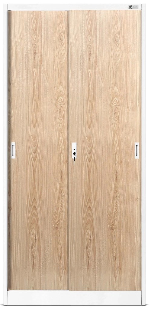 Fém iratszekrény polcokkal tolóajtókkal KUBA, 900 x 1850 x 400 mm, Eco Design: fehér/ sonoma tölgy