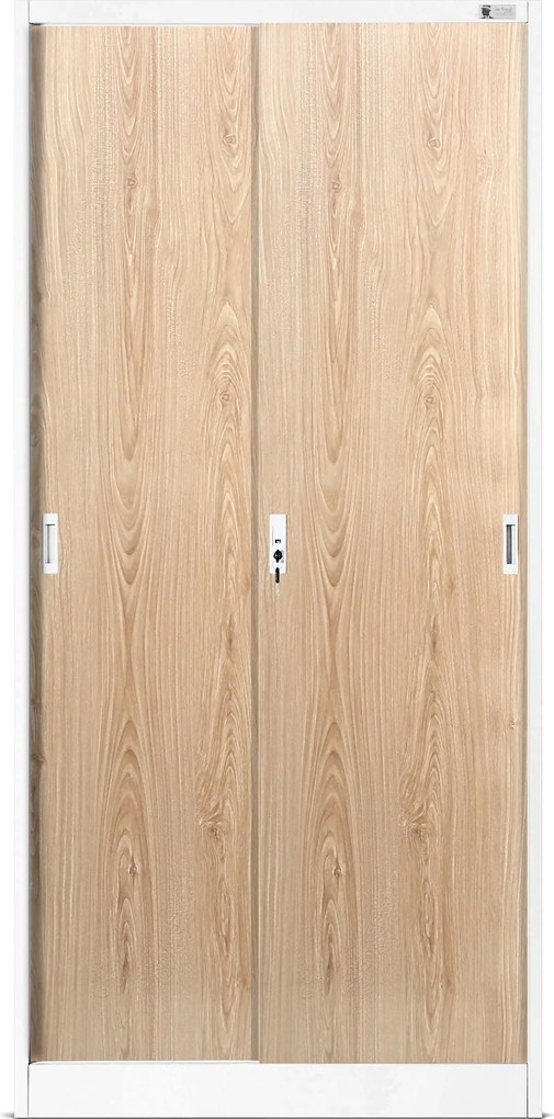 Fém irodai szekrény tolóajtókkal, fehér/sonoma tölgy, 900x1850x400 mm: KUBA Eco Design