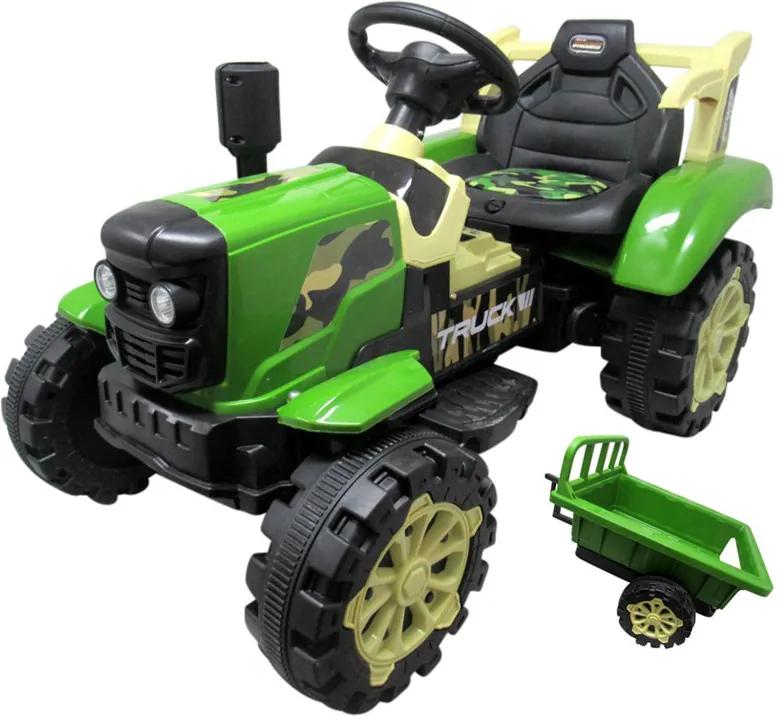 Elektromos ráülős traktor gyerekeknek, világítással, utánfutóval, zöld