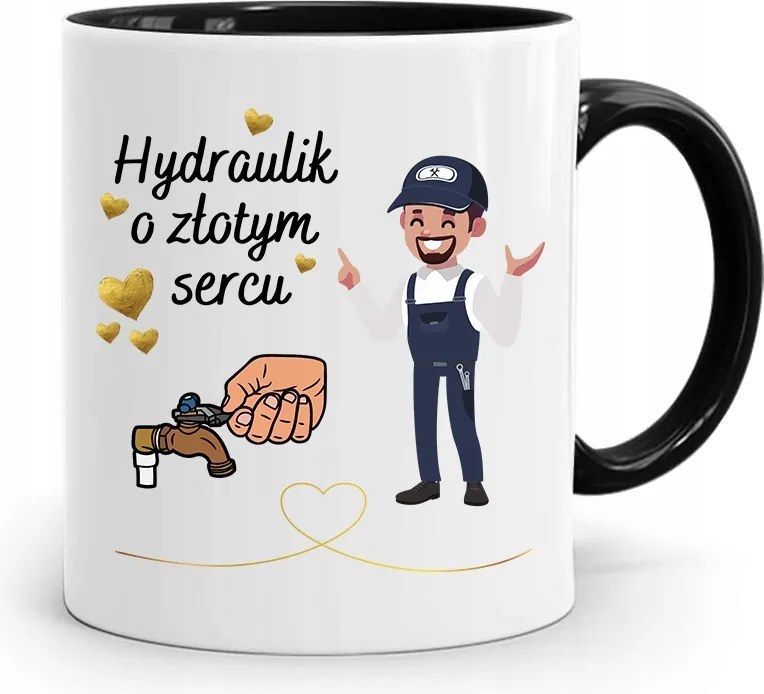 Fekete Bögre Ajándék Arany Szívű Vízvezeték Szerelőnek fényképes nyomtatással