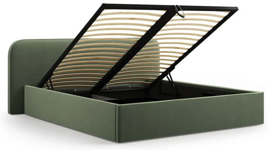Zöld kárpitozott ágyneműtartós franciaágy ágyráccsal 160x200 cm Elizabeth – Micadoni