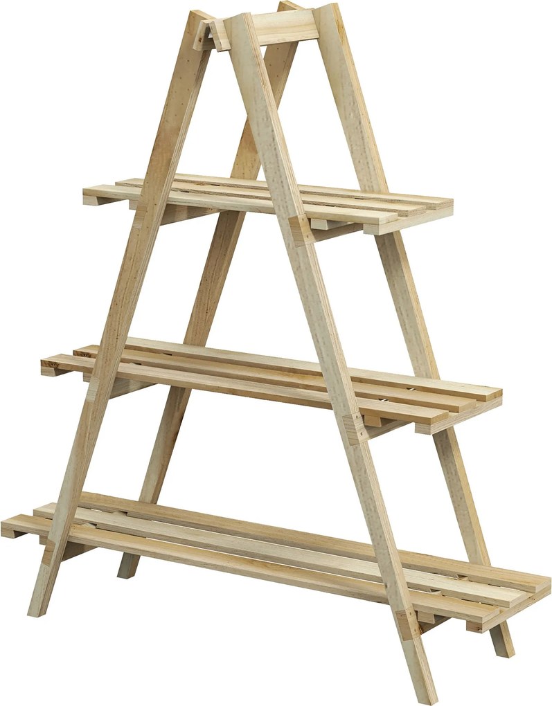 Outsunny Piramis alakú összecsukható fa virágtartó - Fa növényállvány 3 polccal - Méretek: 100L x 36W x 112H cm - Könnyű tömör fenyő | Aosom