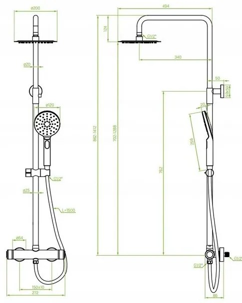 Laveo Volumo, zuhanygarnitúra termosztatikus csapteleppel 150mm, króm, LAV-PLV_00OB