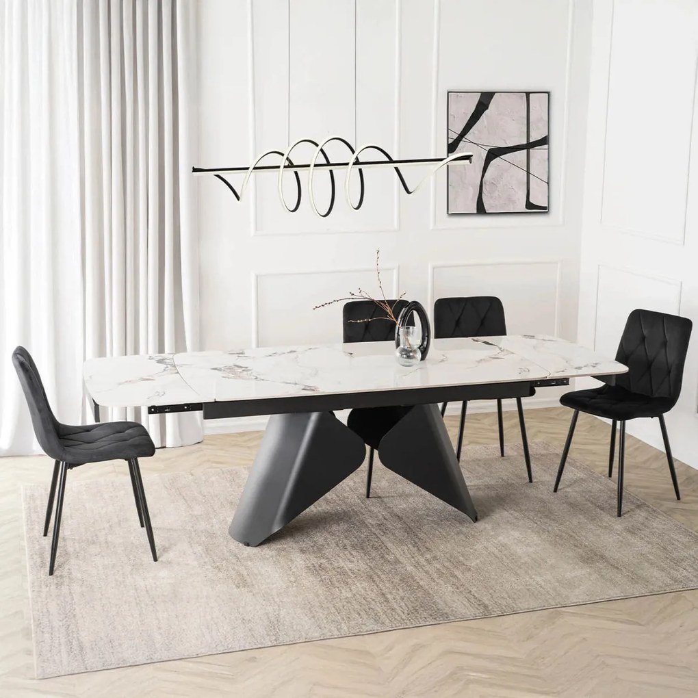 Bővíthető Kerámia Étkezőasztal Fehér Márvány/Fekete Színben. VERONA 160–240 cm