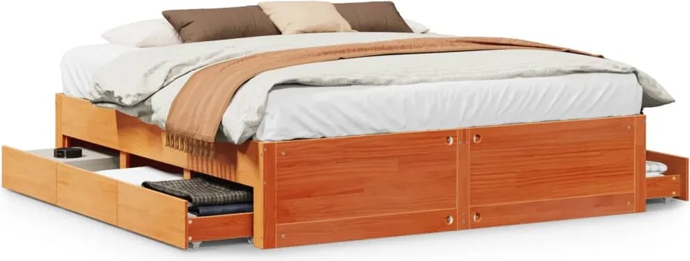 vidaXL barna tömör fenyőfa fiókos ágykeret matrac nélkül 180 x 200 cm