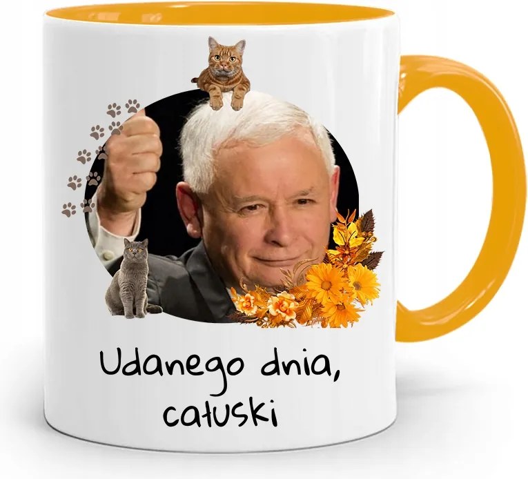 Sárga Vicces Bögre Jaroslaw Kaczynski felirattal, fényképpel