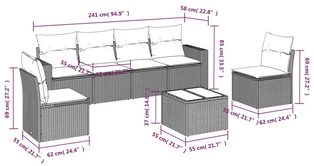 7 részes szürke polyrattan kerti ülőgarnitúra párnákkal