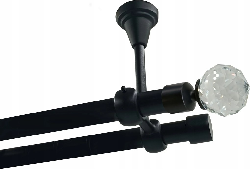 Dupla függönykarnis Mennyezeti Fém 19+19mm Fekete 360cm Kristály Gömb Kerekek Nélkül