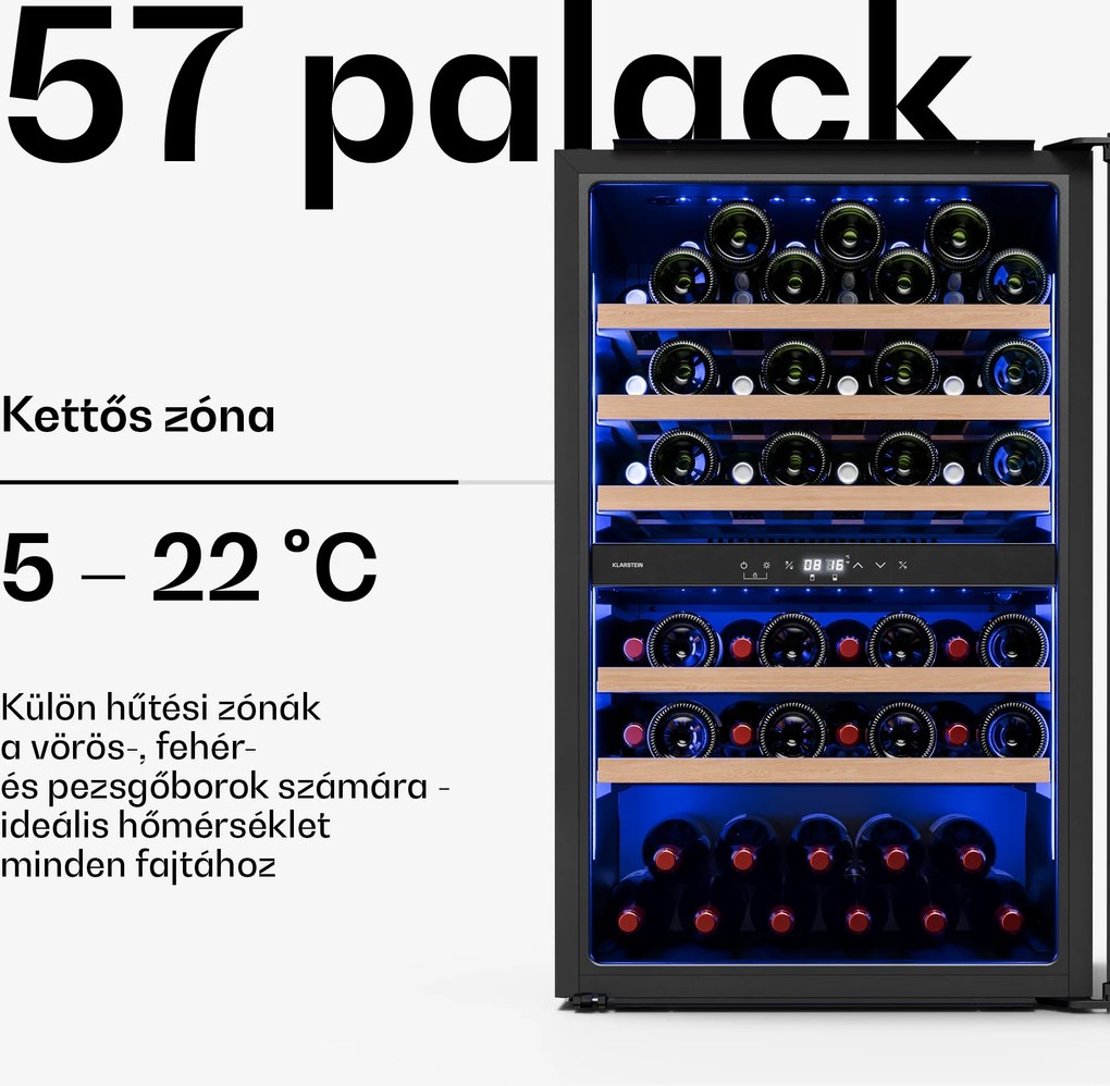 Klarstein Illuminosa beépített borhűtő | Kétzónás | UV védelem | 143 liter | 57 palack | 60 cm