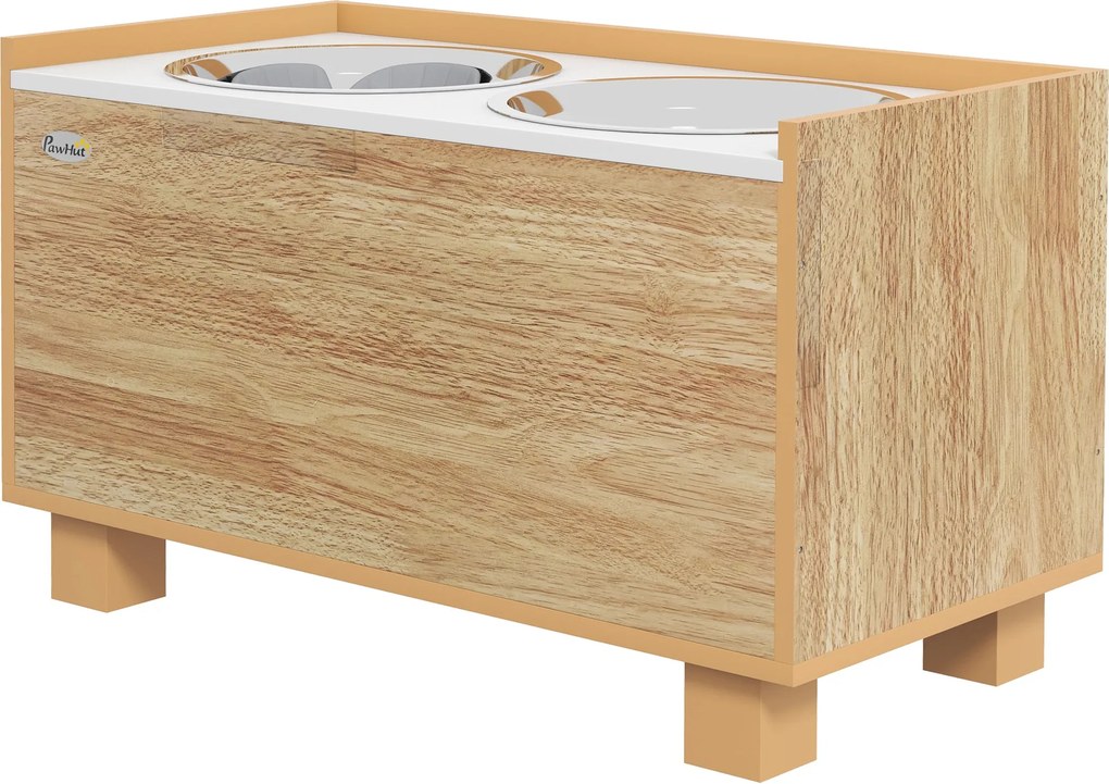 PawHut Emelt Kutya Etető, Kivehető Lassító Etetővel és Tárolóhelyes Tálakkal Nagy Kutyák Számára, 2x2 L Rozsdamentes Acél Etető és Italos Tölgyben | A