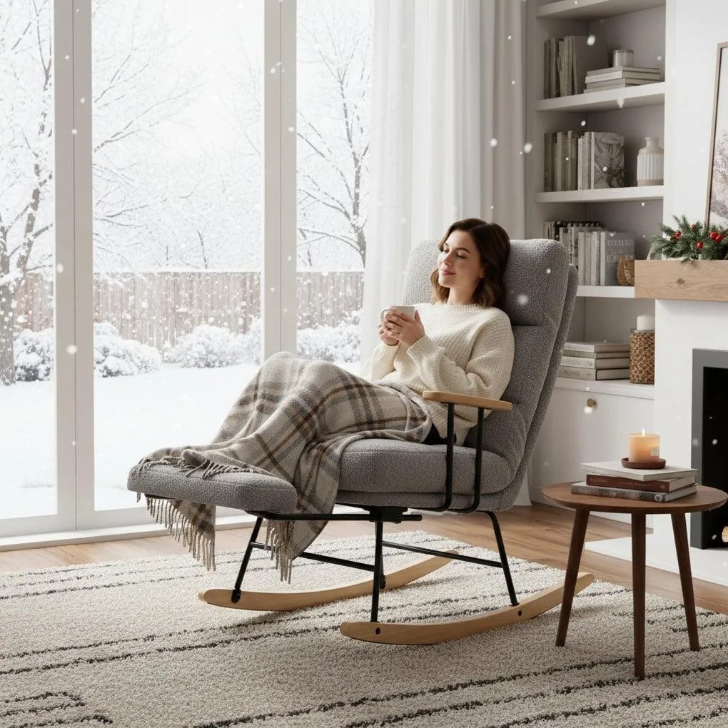 Hintaszék fa lábakkal, plüss szövettel, 4 fokozatban állítható háttámlával, Szürke színben