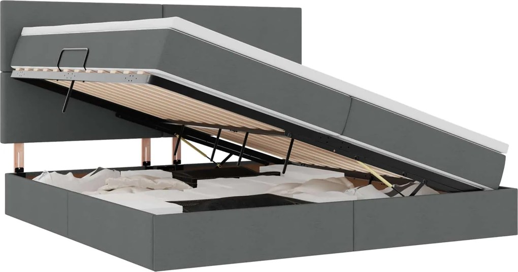 vidaXL Ágy tárolóval és matraccal Sötétszürke 200 x 200 cm Poliészter
