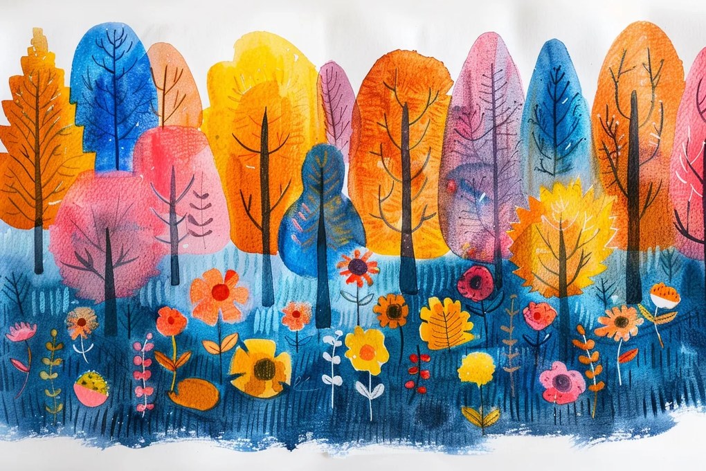 Fotótapéta Flizelina Gyerekek Színes Erdő Park Fák Virágok 208x146 ragasztó