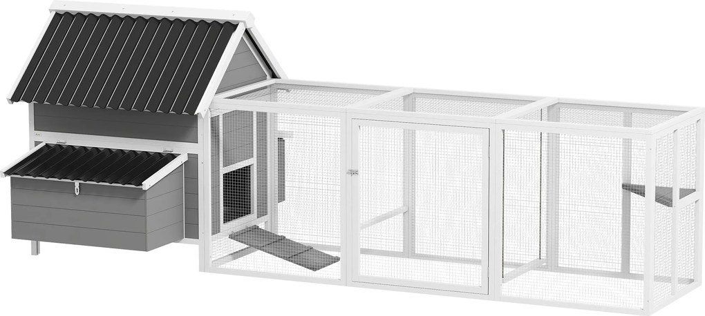 PawHut fa tyúkól kifutóval, 283 x 133,5 x 112 cm – 7–10 tojónak, 2 fészek, ülőkék és hinta, szürke | Aosom