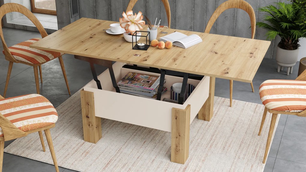Mazzoni OSLO Artisan Tölgy/Bézs (Pezsgő) - NYITHATÓ/MAGASÍTHATÓ DOHÁNYZÓASZTAL ÉTKEZŐASZTAL ÉS DOHÁNYZÓASZTAL EGYBEN