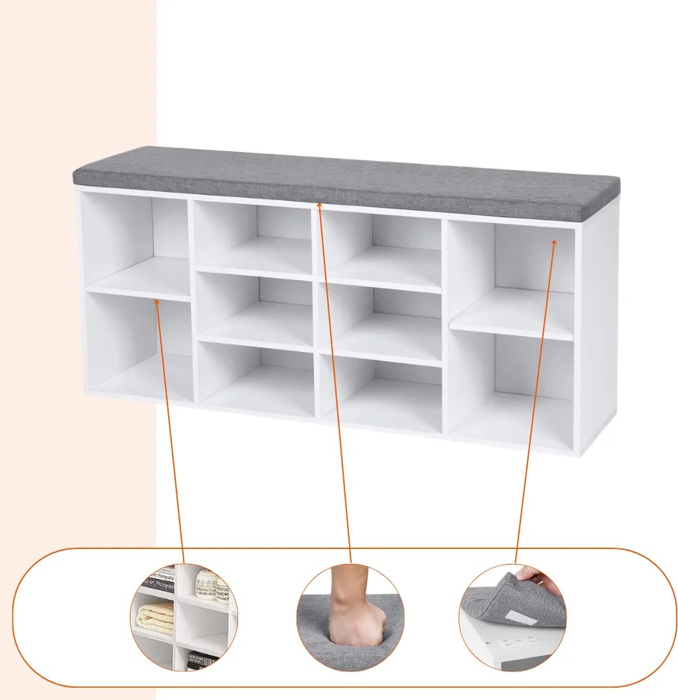 GABI cipősszekrény párnázott ülőkével, 10 rekesz, 104x30x48cm, szürke/fehér Jurhan
