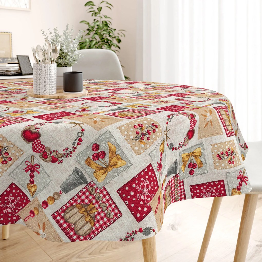 Goldea karácsonyi asztalterítő loneta - karácsonyi díszek - patchwork - kör alakú Ø 60 cm
