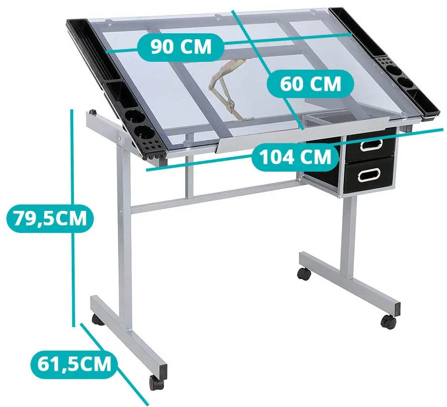Tervező asztal dönthető,üveg asztallappal