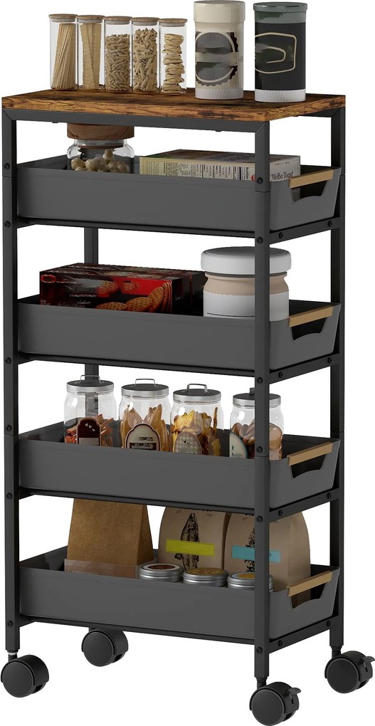 HOMCOM 5-Szintes Konyhai Tároló Kocsi Kerekekkel Fából Hatású Lappal és 4 Kivehető Fiókkal Konyhakocsi Nappaliba, Étkezőbe 39.5x24x82 cm Fekete | Aoso