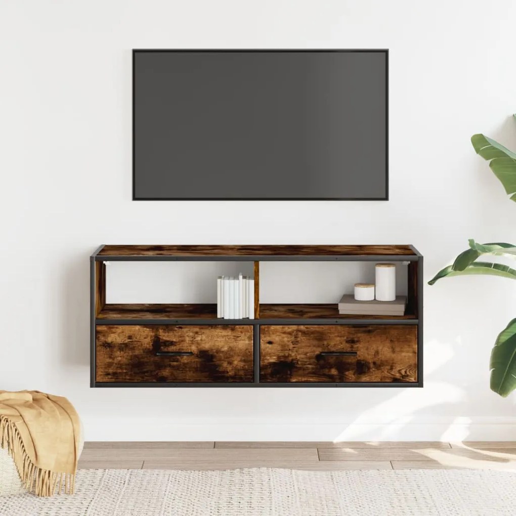 füstös tölgy színű szerelt fa és fém TV-szekrény 100x31x39,5 cm