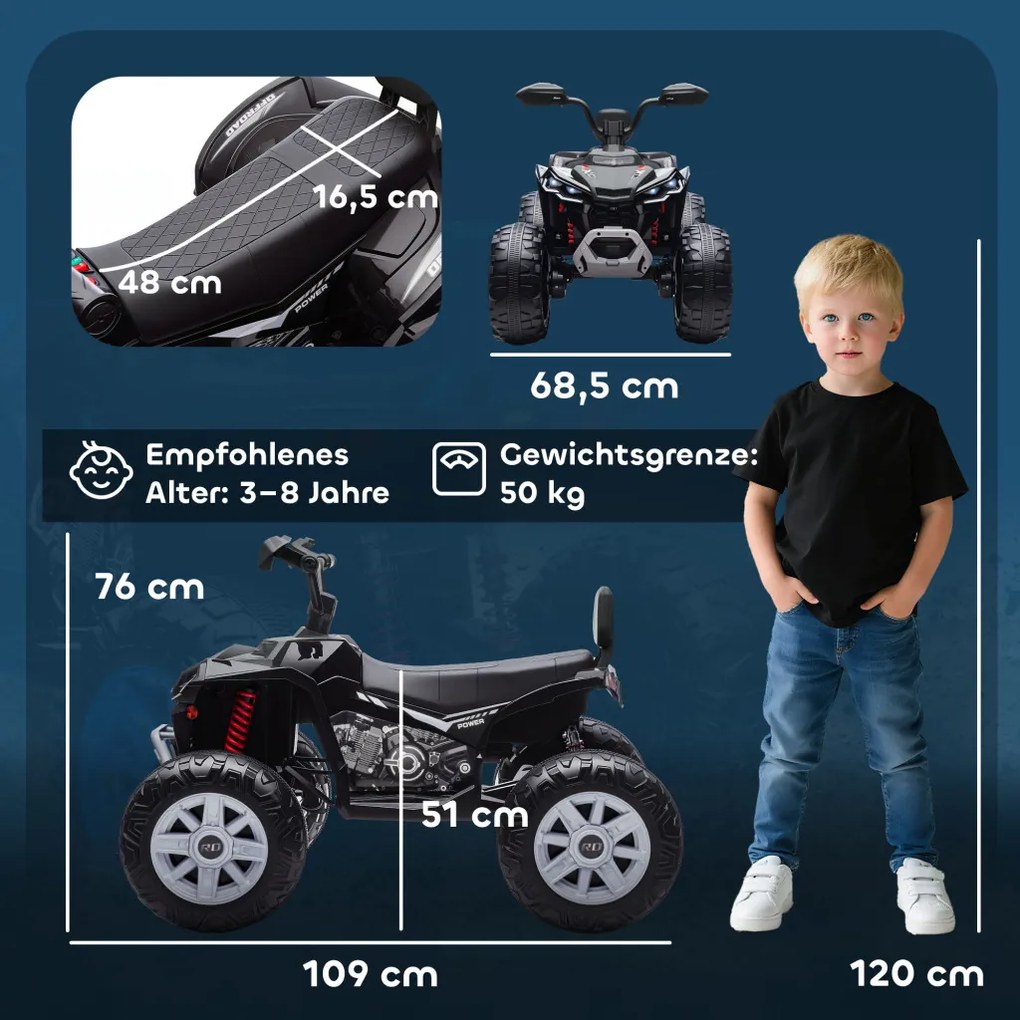 AIYAPLAY Elektromos gyermek quad, 24 V-os elektromos jármű 4 kerékkel, fényszórókkal, USB porttal, MP3, fekete
